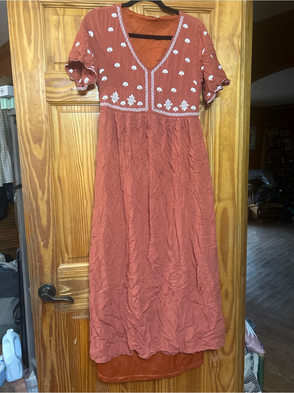 Roolee Rust Maxi Dress with White Floral Embroidery